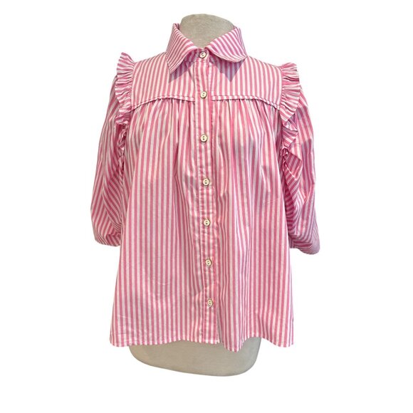 Karlie Tops - Pink & White Striped Ruffle Button-Down Blouse By Karlie Large Cotton Womens